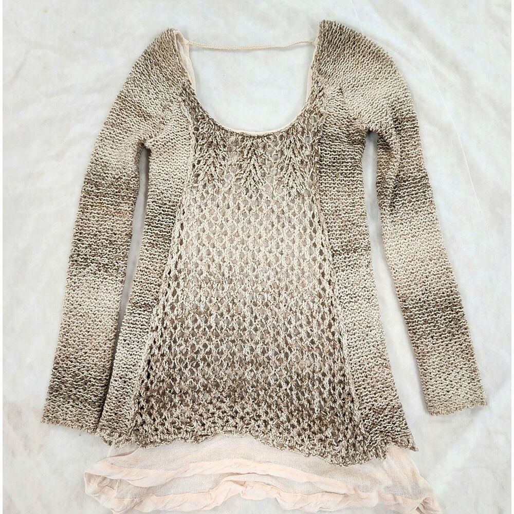 Free People Womens Open Knit Sweater Medium Boho Layered Gauze Tunic - Picture 5 of 14